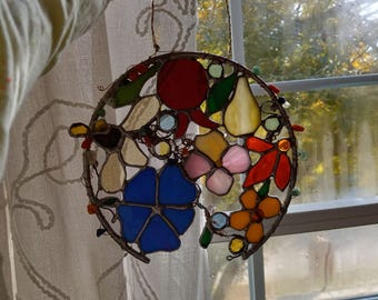 Flowers-Stained Glass Suncatcher, floral handmade indoor stained glass home decor, window hanging, wall hanging art, Mother's Day gift
