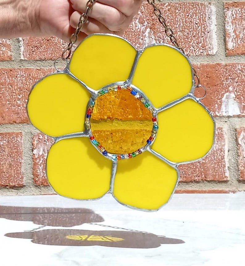 Yellow Daisy Flowerstained Glass Suncatcher, Window and Wall Hanging