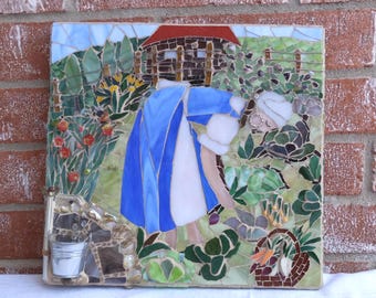 Lady gardening, farm Mosaic-Stained Glass panel, indoor home decor, figure handmade wall art, unique artwork gift for Moms, art lovers
