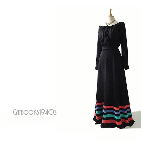 Vintage 1970's Slinky Black Peasant Boho Maxi Dress L