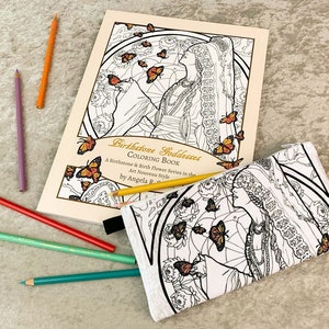 Birthstone Goddesses Coloring Book: A Birthstone and Birth Flower Series in the Art Nouveau Style Line Art to Color by Angela R. Sasser Book + Pouch Bundle