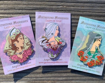 Goddesses of Summer Hard Enamel Pin Set OR Single Pin Art Nouveau Birthstone and Birth Flower for June, July, and August Gold Cloisonn