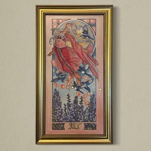 Original Art 10x20 Aquarell Malerei Dame von Juli Jugendstil Birthstone Birthflower Serie mit Sternen, Laternen, Vögeln, Rittersporn und Rubin
