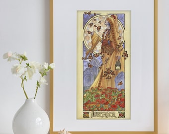 Art Print Lady of November Veiled Woman with Butterflies and Chrysanthemums Goddess Birthstone Series Art Nouveau Painting