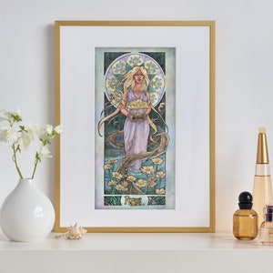 Art Print Lady of April and Trees Nature Bonsai Goddess with Daisies Birthstone Series Mucha Inspired Art Nouveau Painting image 1