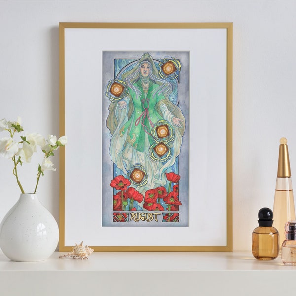 Art Print Lady of August Priestess Shrine Maiden with Obon Floating Lanterns and Poppies Art Nouveau Birthstone Goddess Series Painting