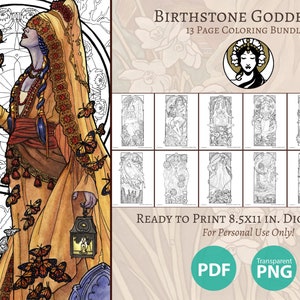 Printable Coloring Book Pack of 13 Pages for Adults Birthstone Goddesses Art Series Line Art to Color Pages image 1