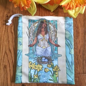 Drawstring Pouch Lady of March Art Nouveau Birthstone Series Goddess Ostara with Daffodils Mucha Style Tarot Deck Cosmetic Makeup Bag