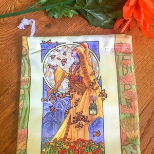 Drawstring Pouch Lady of November Art Nouveau Birthstone Series Goddess Day of the Dead with Butterflies Mucha Style Tarot Deck Cosmetic Bag