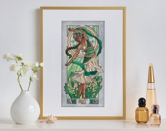 Art Print Lady of May Flower Queen Dancer Lily of the Valley and Mucha Inspired Emerald Birthstone Goddesses Series Art Nouveau Painting