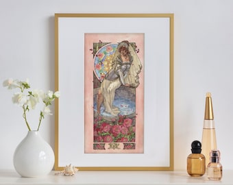 Art Print Lady of June with Roses Bride by the Well Goddess Sun Wheel Birthstone Goddesses Series Mucha Inspired Art Nouveau Painting