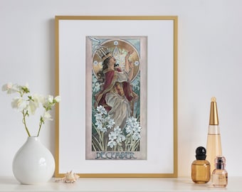 Art Print Lady of December with Saint Lucia Lucy Candle Crown White Narcissus Birthstone Goddesses Series Art Nouveau Painting