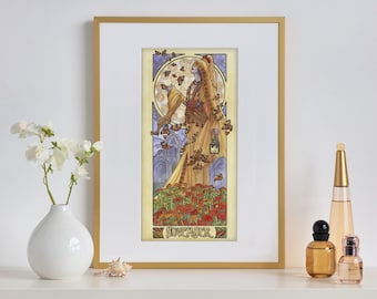 Art Print Lady of November Veiled Woman with Butterflies and Chrysanthemums Goddess Birthstone Series Art Nouveau Painting