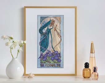 Art Print Lady of September Celestial Equinox Goddess with Masks and Morning Glories Birthstone Goddesses Series Art Nouveau Painting