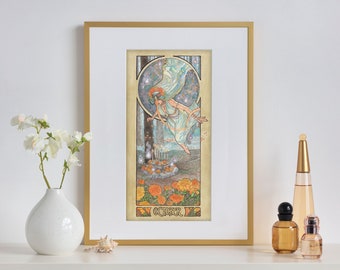 Art Print Lady of October Goddess with Will-O-the-Wisps Spirits Marigolds and Opal Birthstone Series Art Nouveau Painting