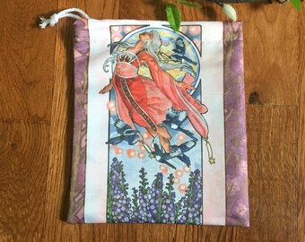 Drawstring Pouch Lady of July Art Nouveau Birthstone Goddesses Series Tanabata Star Festival with Magpies Mucha Style Deck Cosmetic Bag