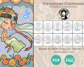 Printable Coloring Book Pack of 12 Pages for Kids & Adults Little Gems Birthstone Goddesses Chibi Anime Art Nouveau Series Line Art to Color