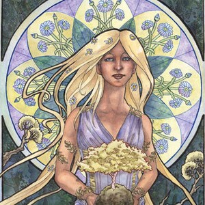 Art Print Lady of April and Trees Nature Bonsai Goddess with Daisies Birthstone Series Mucha Inspired Art Nouveau Painting image 2
