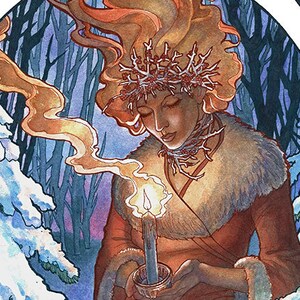 Art Nouveau Winter Goddess of Light with Snow Covered Trees Holding a Candle Mucha Inspired Spirits of Winter SERIES Fine Art Print image 1