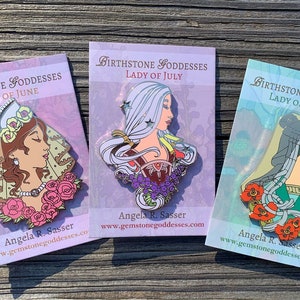 Goddesses of Summer Hard Enamel Pin Set OR Single Pin Art Nouveau Birthstone and Birth Flower for June, July, and August Gold Cloisonné SET of All Three