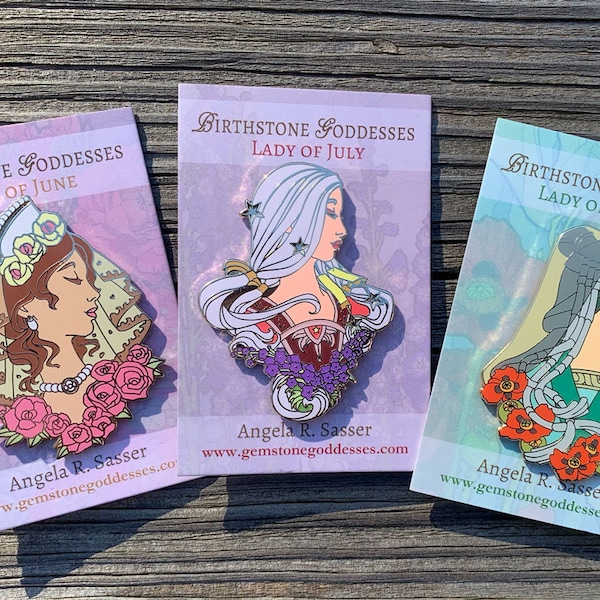 Goddesses of Summer Hard Enamel Pin Set OR Single Pin Art Nouveau Birthstone and Birth Flower for June, July, and August Gold Cloisonné