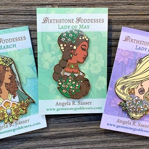 Goddesses of Spring Hard Enamel Pin Set OR Single Pin Art Nouveau Birthstone and Birth Flower for March, April, and May SET of All Three