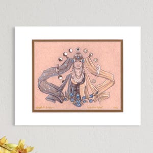 May include: A matted art print featuring a central figure with flowing dark and light fabric, surrounded by a lunar cycle. The illustration includes blue floral accents at the base, with the text "Angela R. Smith" and "Light in the Dark" printed below.