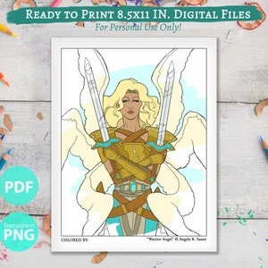 Printable Coloring Book Page for Adults - Fantasy Art Angel Female Knight with Wings and Swords