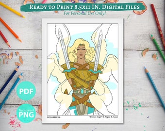 Printable Coloring Book Page for Adults - Fantasy Art Angel Female Knight with Wings and Swords