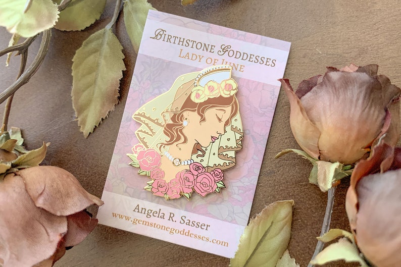 Goddesses of Summer Hard Enamel Pin Set OR Single Pin Art Nouveau Birthstone and Birth Flower for June, July, and August Gold Cloisonné Lady of June