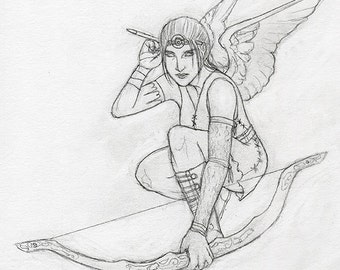Female Archer Angel with Bow and Arrow Original Pencil Drawing