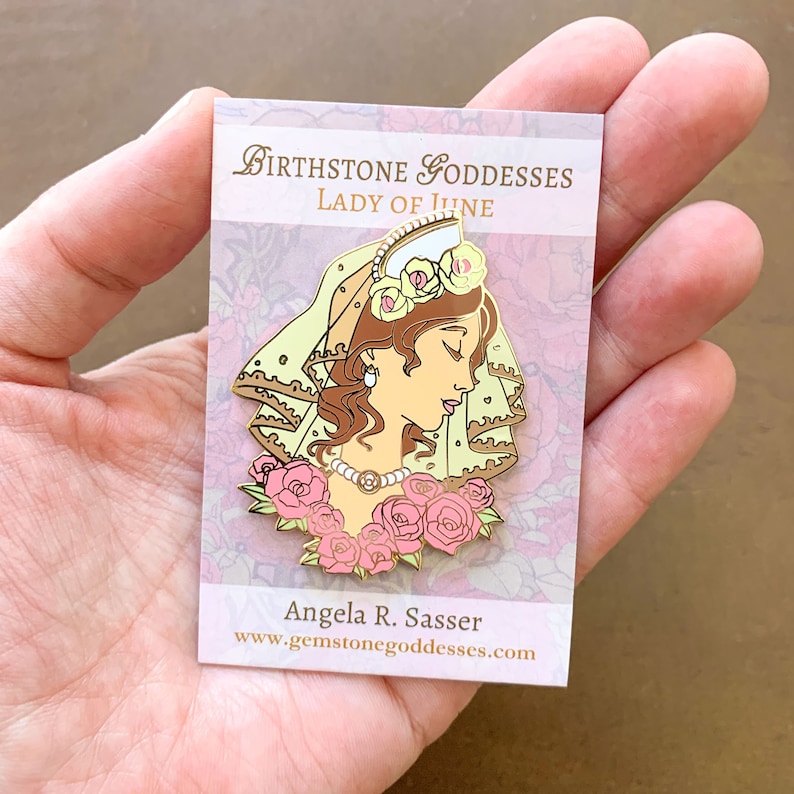 Goddesses of Summer Hard Enamel Pin Set OR Single Pin Art Nouveau Birthstone and Birth Flower for June, July, and August Gold Cloisonné image 3