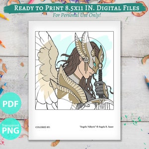 Printable Coloring Book Page for Adults - Winged Warrior Woman Fantasy Elf Angel Line Art with Sword