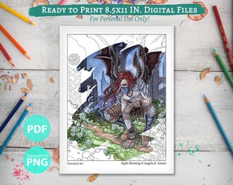 Printable Coloring Book Page for Adults - Fantasy Art Gothic Angel Hunter with Tattoo and Crow Skull