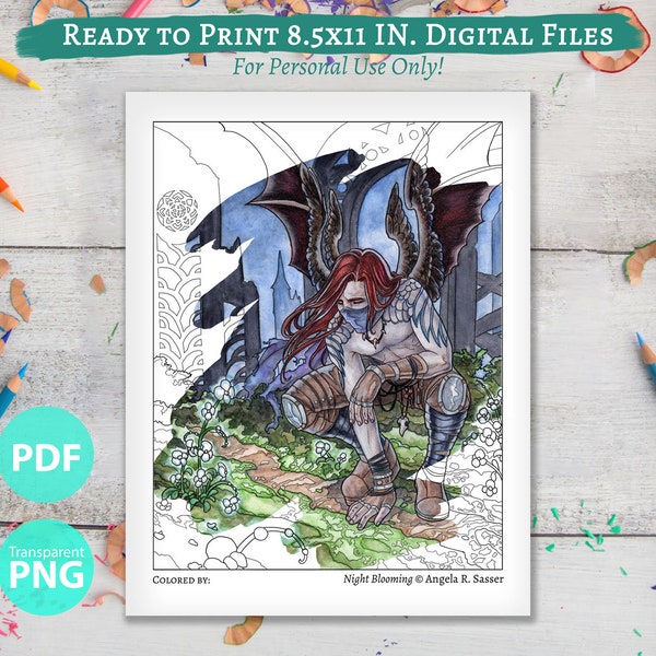 Printable Coloring Book Page for Adults - Fantasy Art Gothic Angel Hunter with Tattoo and Crow Skull