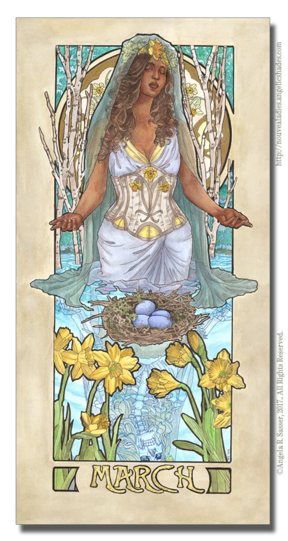 Art Print Lady of March With Daffodils Stained Glass pic picture