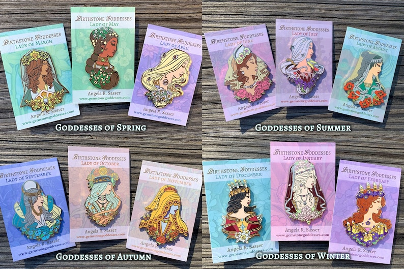 Goddesses of Autumn Hard Enamel Pin Set OR Single Pin Art Nouveau Birthstone and Birth Flower for September, October, and November 12 Pins-All Seasons