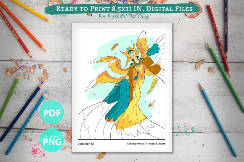 Printable Coloring Book Page for Adults Dancing Phoenix Angel Winged Bird Woman Dancer Hanfu Fantasy Line Art image 1
