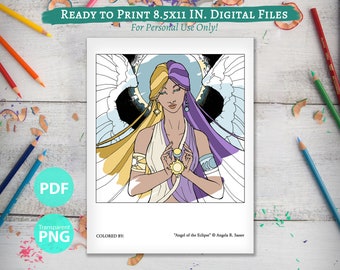 Printable Coloring Book Page for Adults - Celestial Angel of the Eclipse with Sun and Moon Line Art - Birthstone Series