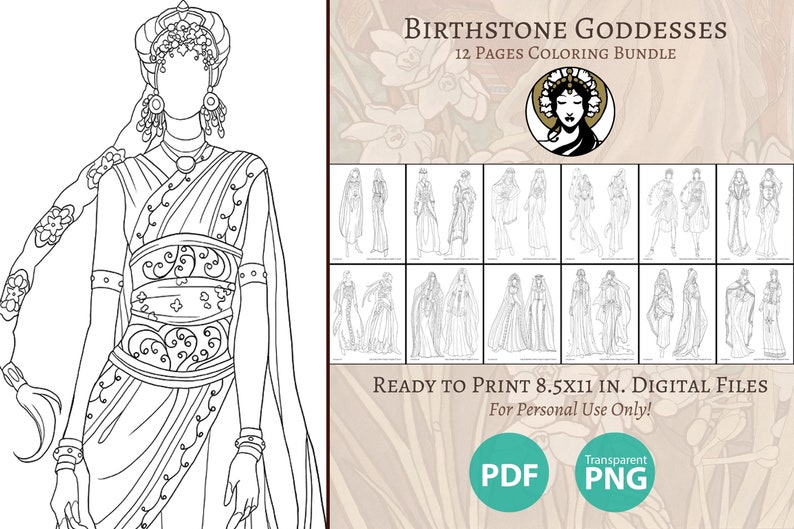 Printable Coloring Book Pack of 12 Pages for Adults Birthstone Goddesses Fashion Illustration Designs Art Nouveau Series Line Art to Color image 1