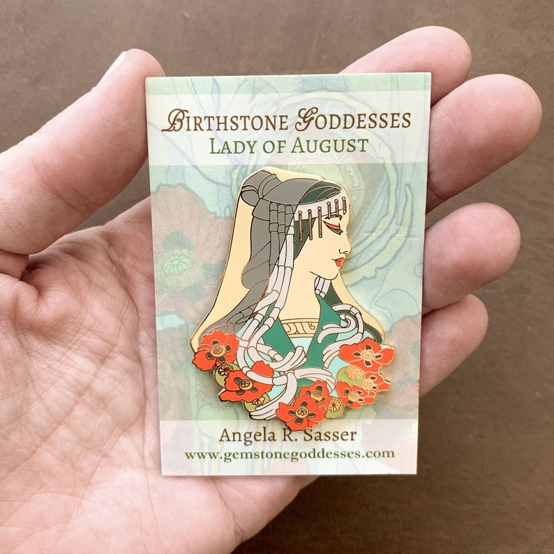 Goddesses of Summer Hard Enamel Pin Set OR Single Pin Art Nouveau Birthstone and Birth Flower for June, July, and August Gold Cloisonné image 7