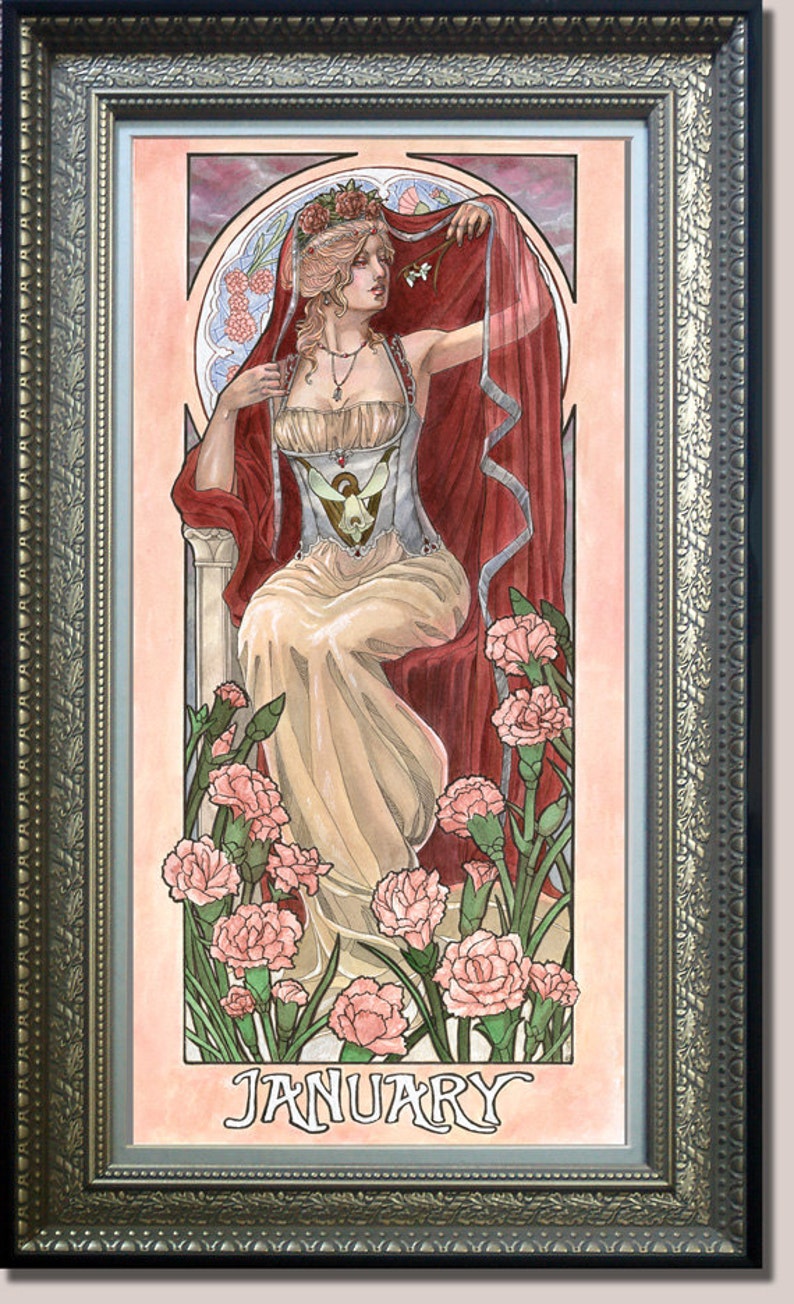 Original Art 10x20 Watercolor Painting Lady of January Art Nouveau Birthstone Birthflower Series with Carnations, Snowdrops, and Veil image 1