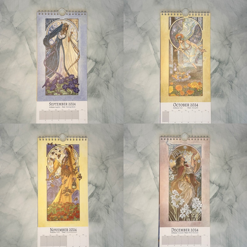 A 12 month wall calendar in the style of Art Nouveau featuring Birthstone Goddesses inspired by flowers and birthstone gems.