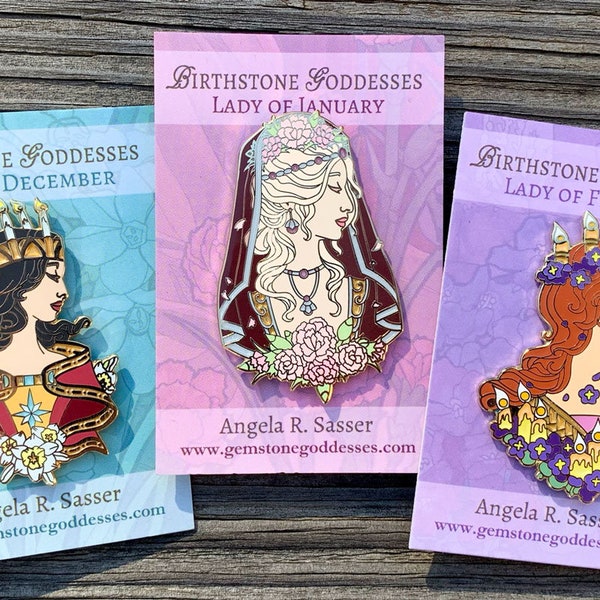 Goddesses of Winter Hard Enamel Pin Set OR Single Pin Art Nouveau Birthstone and Birth Flower for December, January, and February
