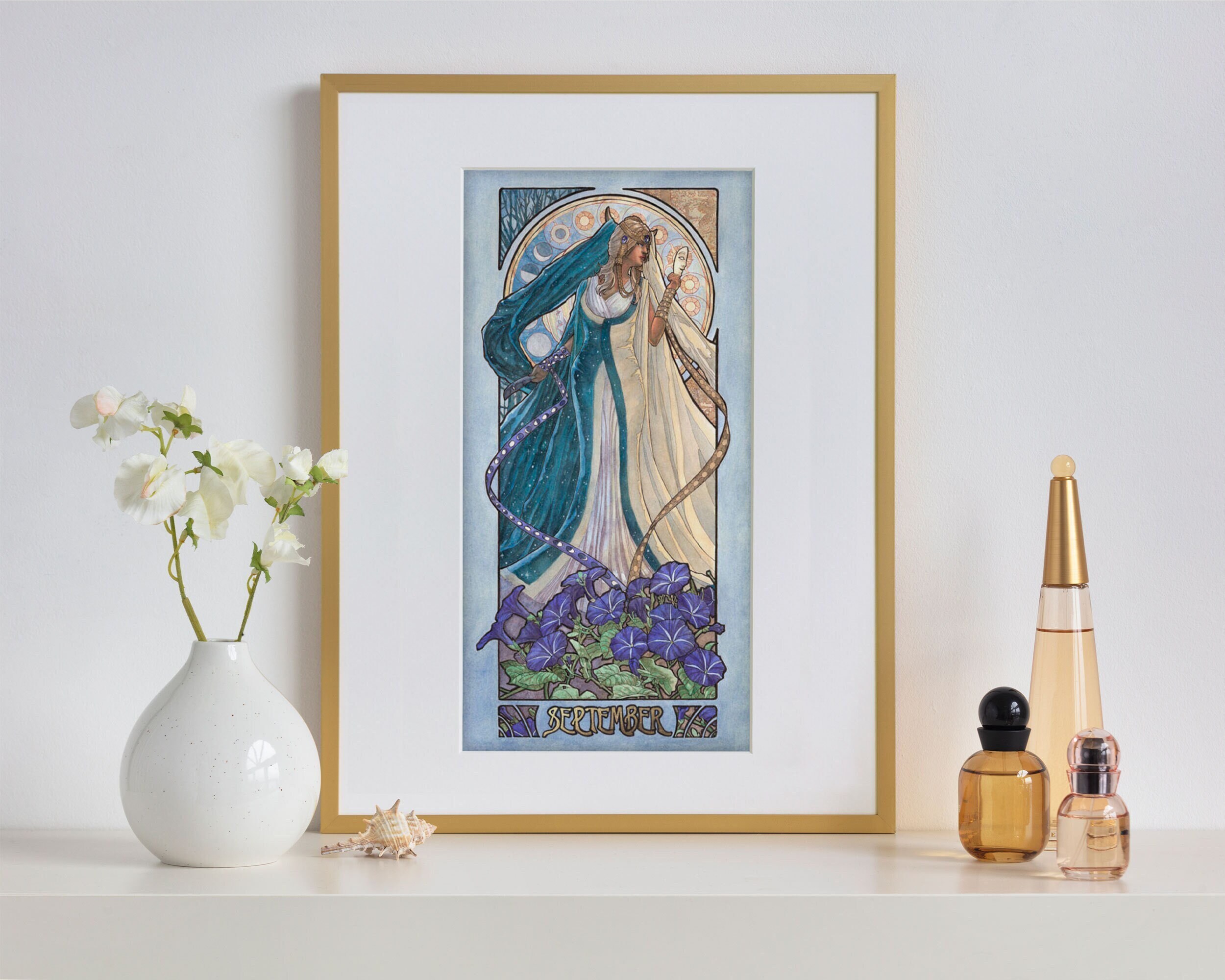 Art Print Lady of September Celestial Equinox Goddess with Masks and Morning Glories Birthstone Goddesses Series Art Nouveau Painting