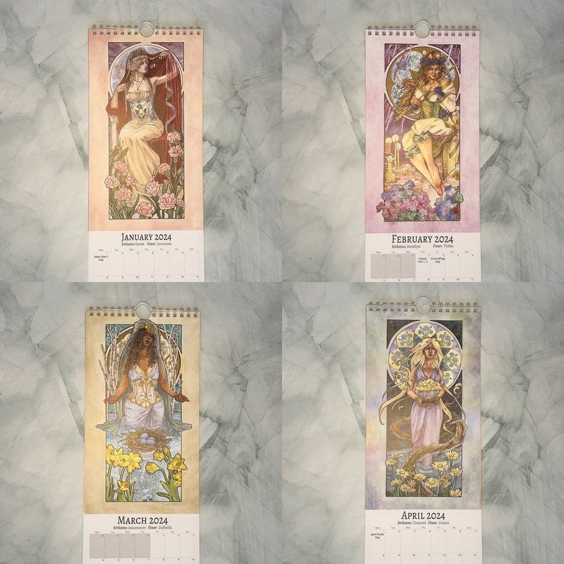 A 12 month wall calendar in the style of Art Nouveau featuring Birthstone Goddesses inspired by flowers and birthstone gems.