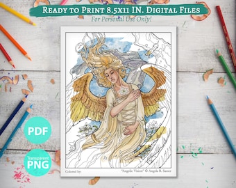 Printable Coloring Book Page for Adults - Angelic Visions Cover Art Winged Angel Woman with Lilies Flowers in Art Nouveau Style Line Art