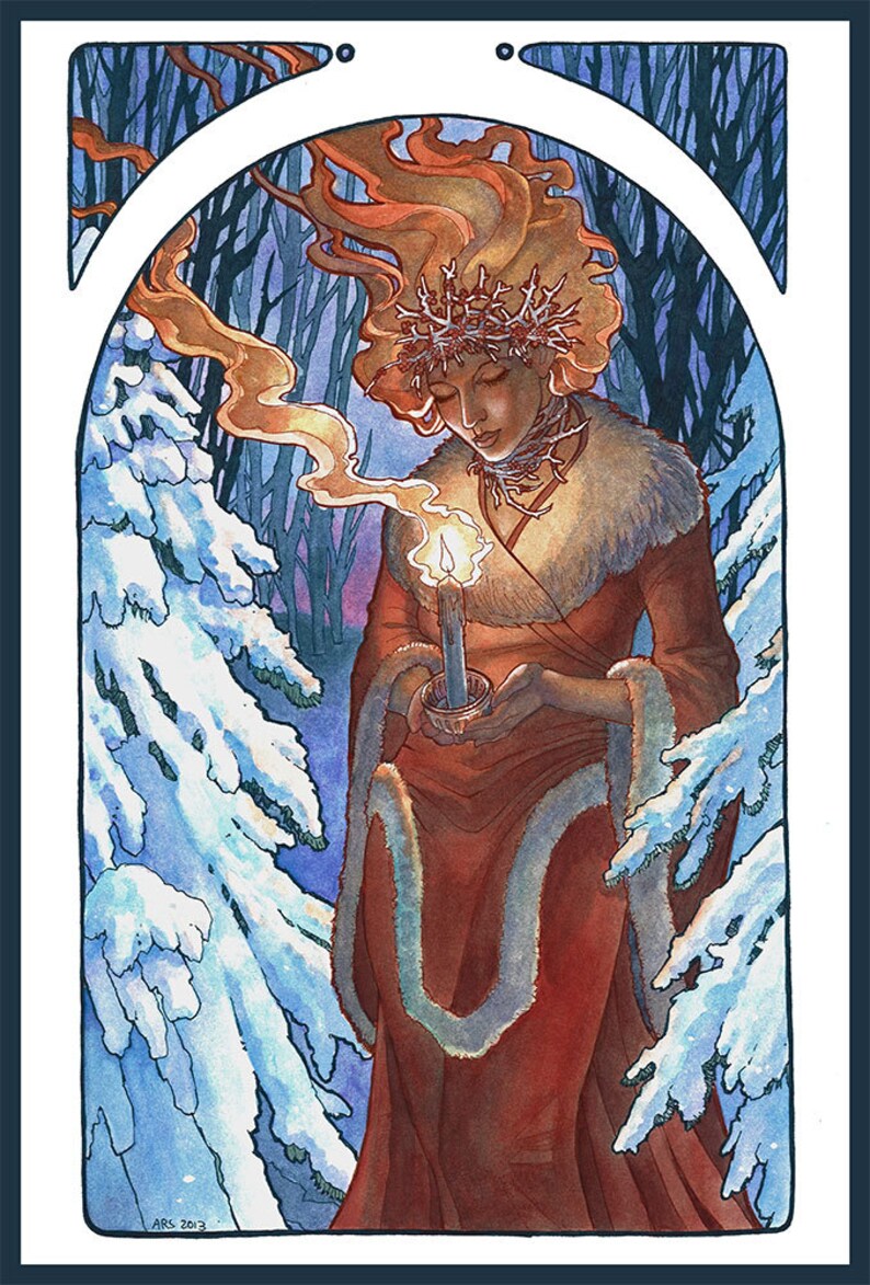 Art Nouveau Winter Goddess of Light with Snow Covered Trees Holding a Candle Mucha Inspired Spirits of Winter SERIES Fine Art Print image 1