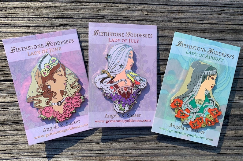 Goddesses of Summer Hard Enamel Pin Set OR Single Pin Art Nouveau Birthstone and Birth Flower for June, July, and August Gold Cloisonné SET of All Three