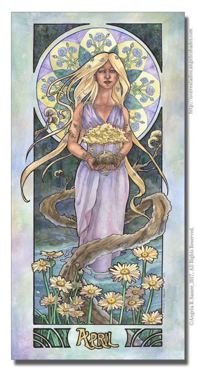Art Print Lady of April and Trees Nature Bonsai Goddess with Daisies Birthstone Series Mucha Inspired Art Nouveau Painting image 2
